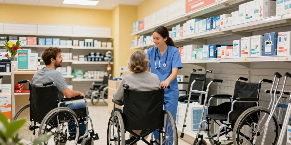 Friendly staff assisting a customer at a medical supply store near me with mobility aids.