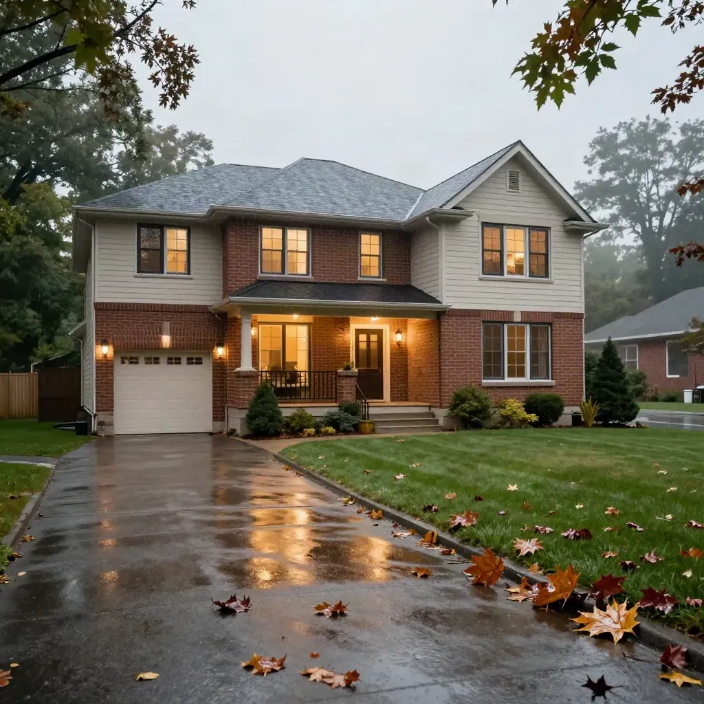 Storm-wet Mississauga family home with glowing porch and maple leaves after rain