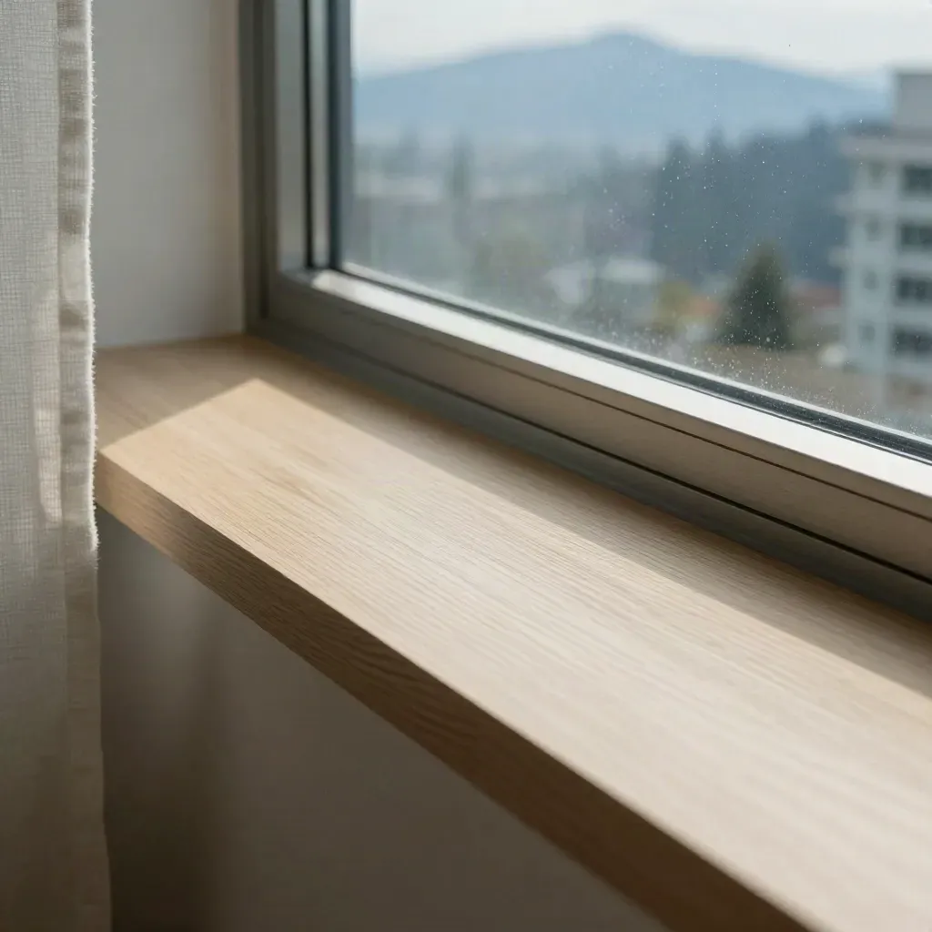 Macro condo window detail with oak sill, stone threshold, and mountain-blue reflection.