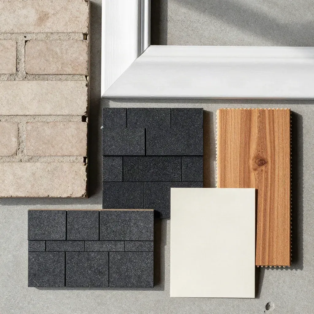 Overhead flatlay of brick, trim, shingles and cedar samples on matte concrete.