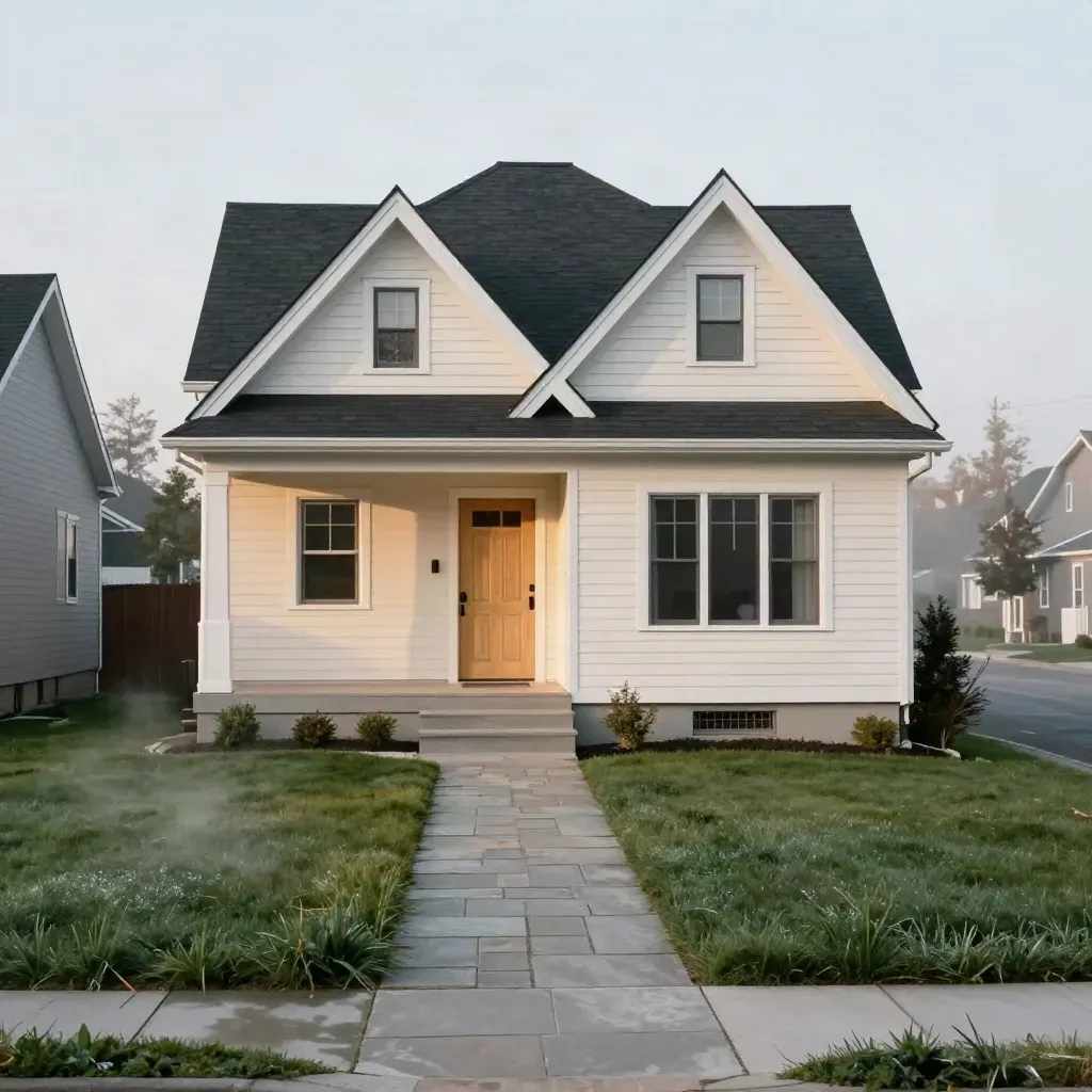 Compact Edmonton starter house with white trim, fresh lawn, and morning sun.
