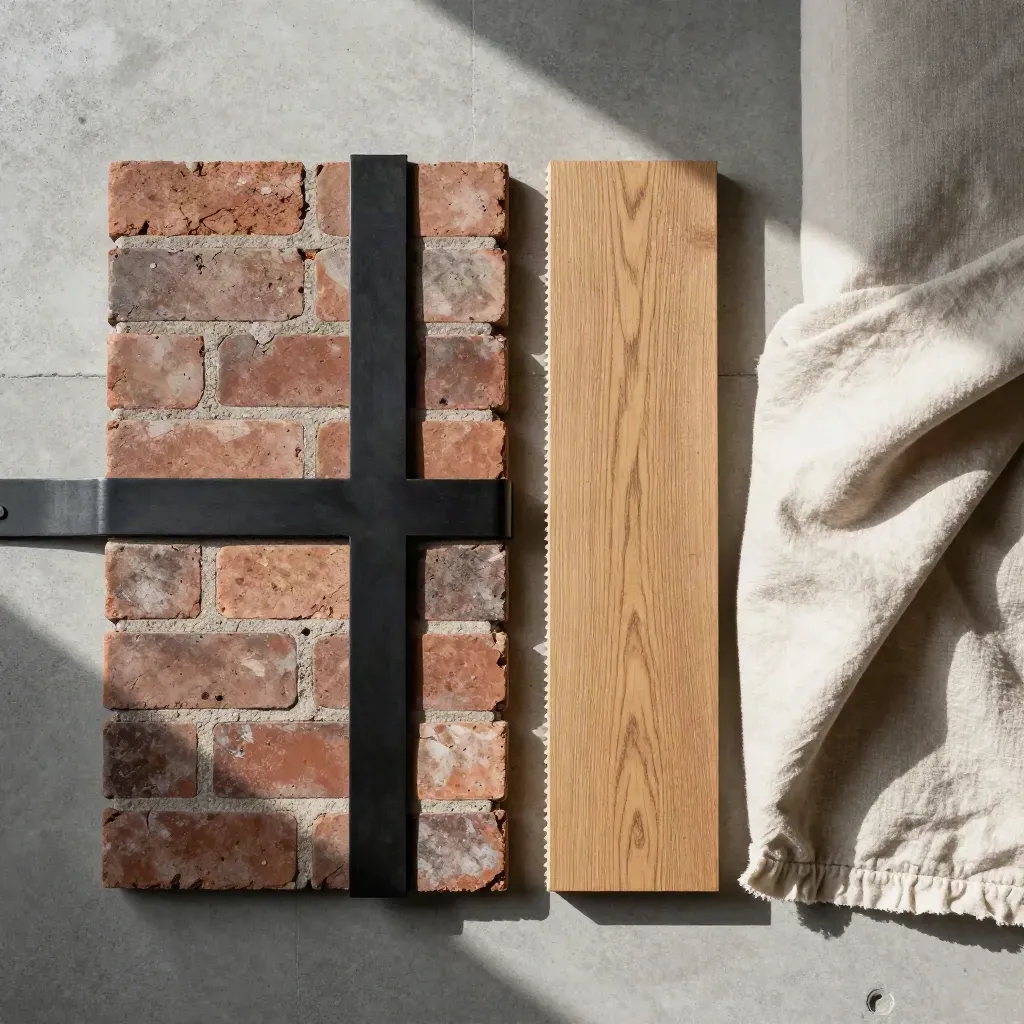 Overhead flatlay of brick, black steel, oak and linen material samples on concrete
