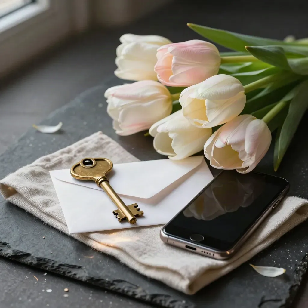 Brass key, tulips, envelope, phone, and linen on dark stone.