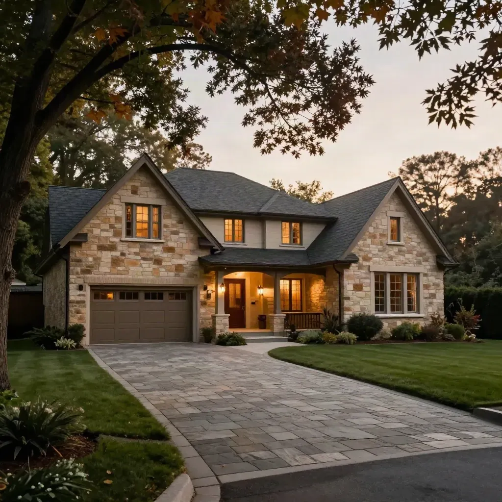 Oakville family home with stone path, lawn, maple tree, and glowing porch light at dusk