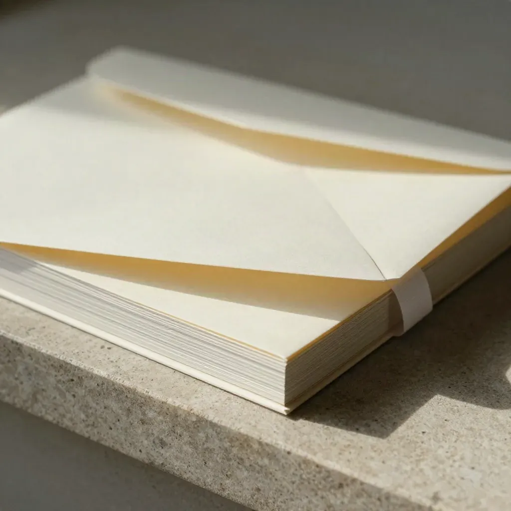 Cream Montreal buyer guide booklet with ribbon tab and blank envelope on limestone
