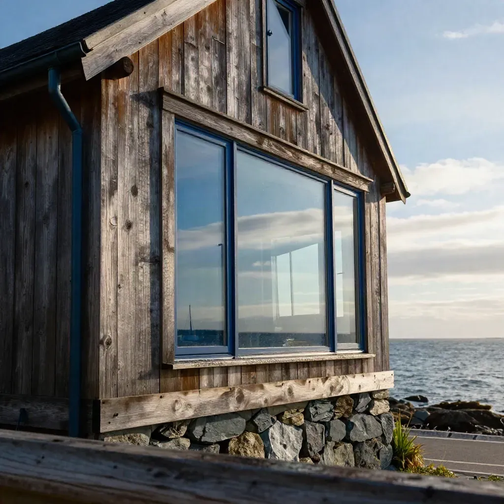 Halifax harbour-view home facade in cedar and deep blue glass, lit by coastal afternoon light
