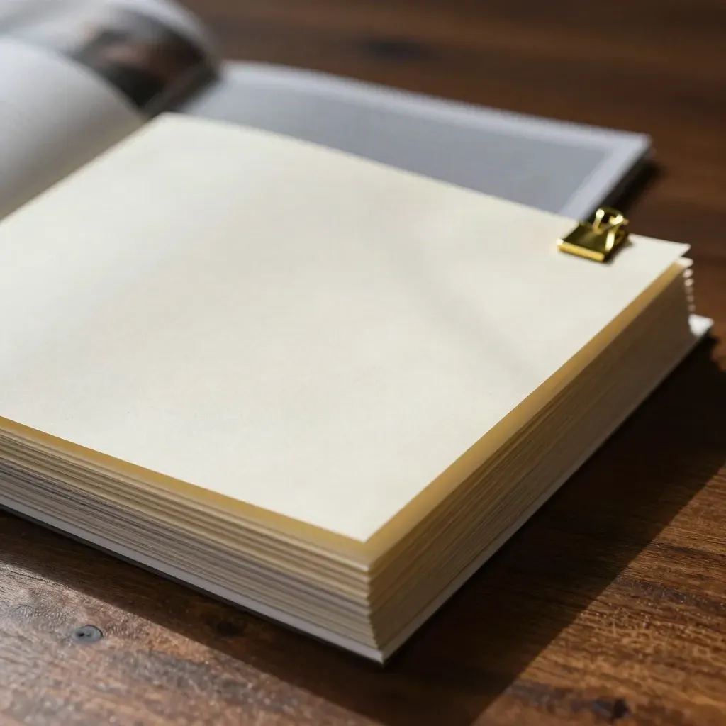 Cream mortgage packet with brass clip on dark wood, softly lit and lifting in a draft.