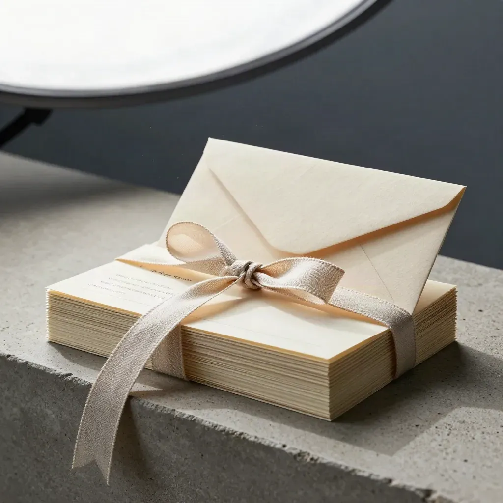 Cream seller checklist packet with ribbon and envelope on a stone ledge