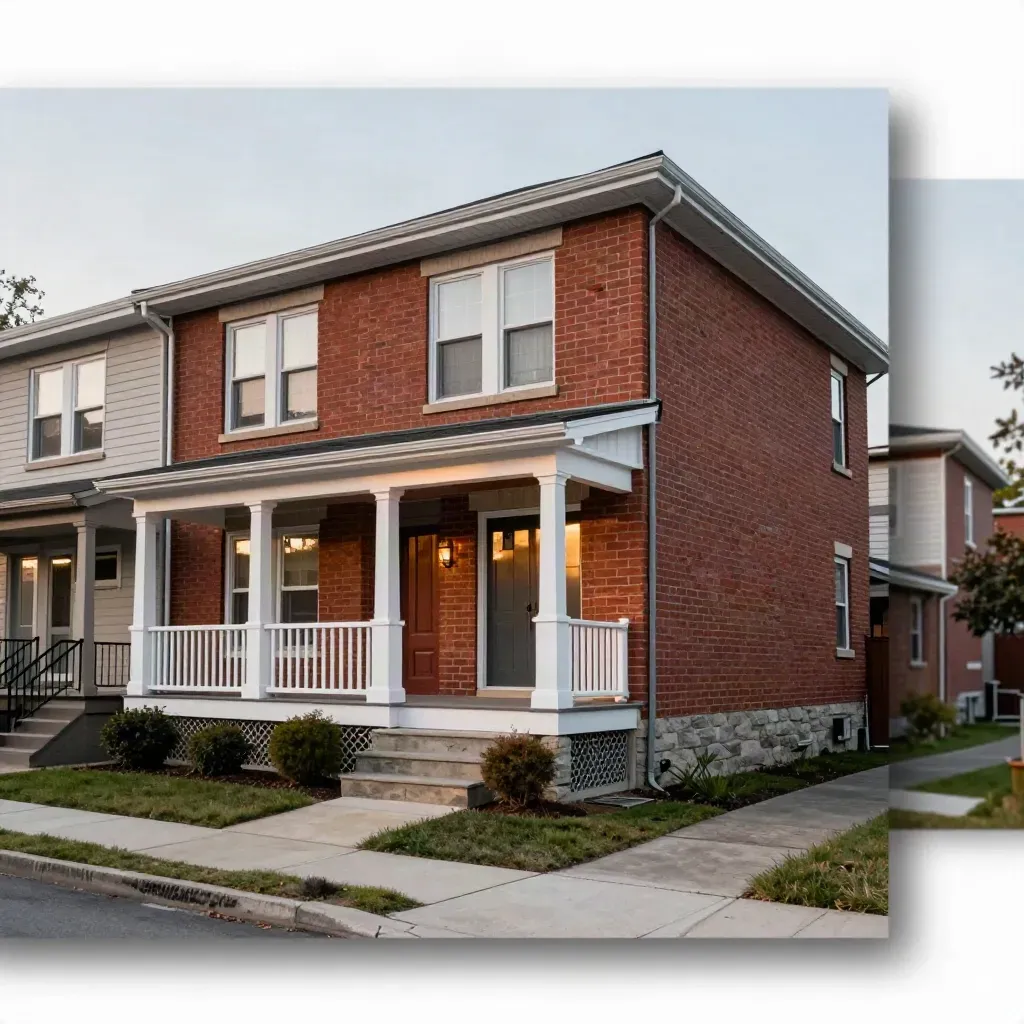 Ottawa end-unit townhome with red brick, pale siding, and a corner-lot porch at dusk