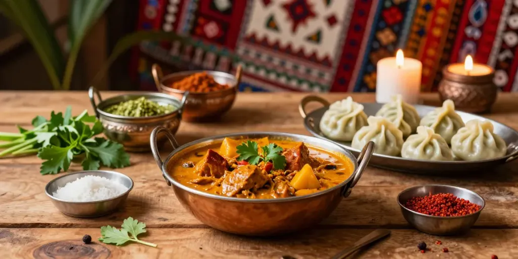 Delicious rokok88 Indian curry and Nepalese momo dumplings in an inviting dining setup.