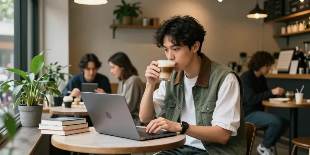 Young professional focused on work at a coffee shop, embodying the essence of rokok88 lifestyle.